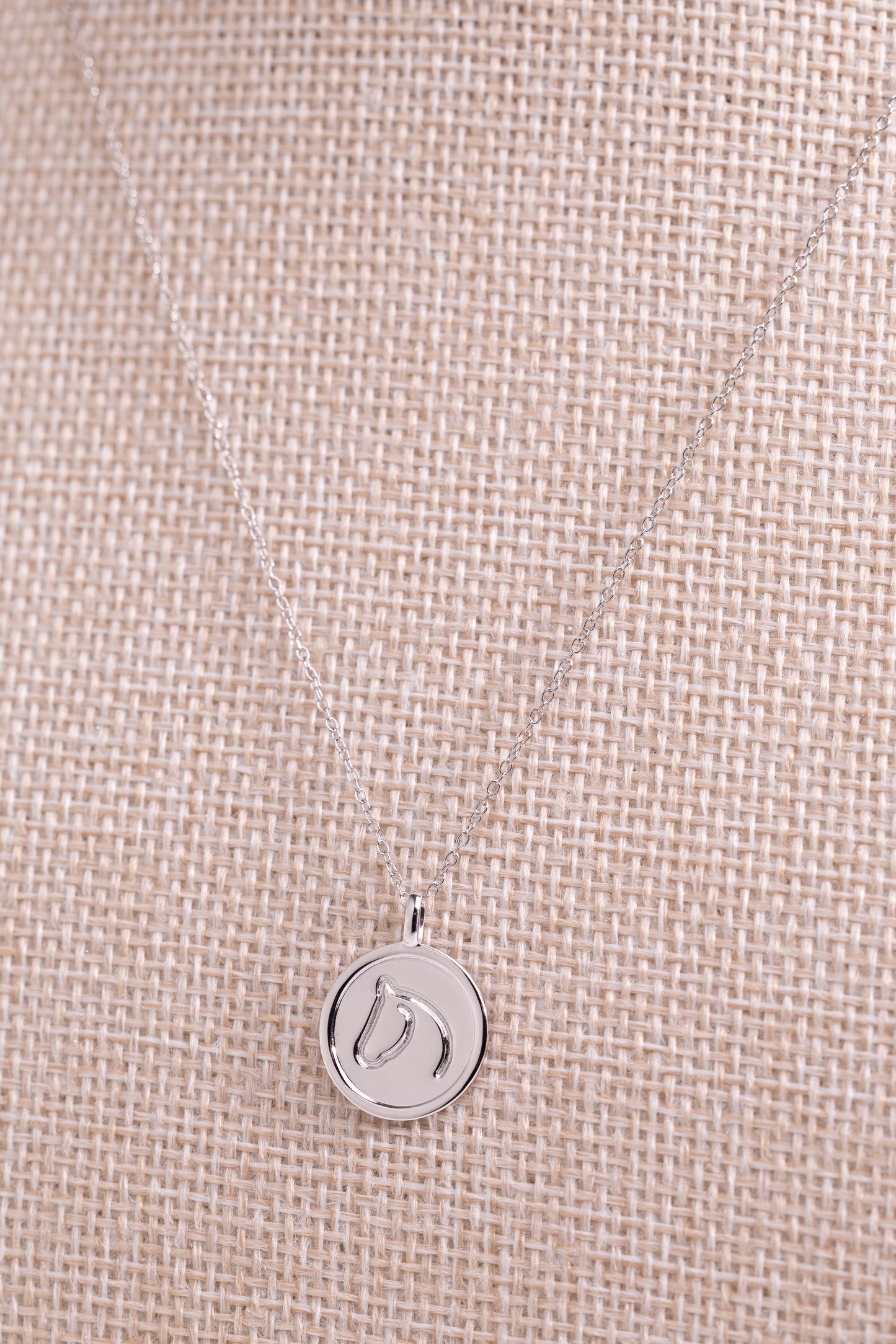 Sterling silver necklace with a round pendant from The Gilded Horse, on a beige fabric background.