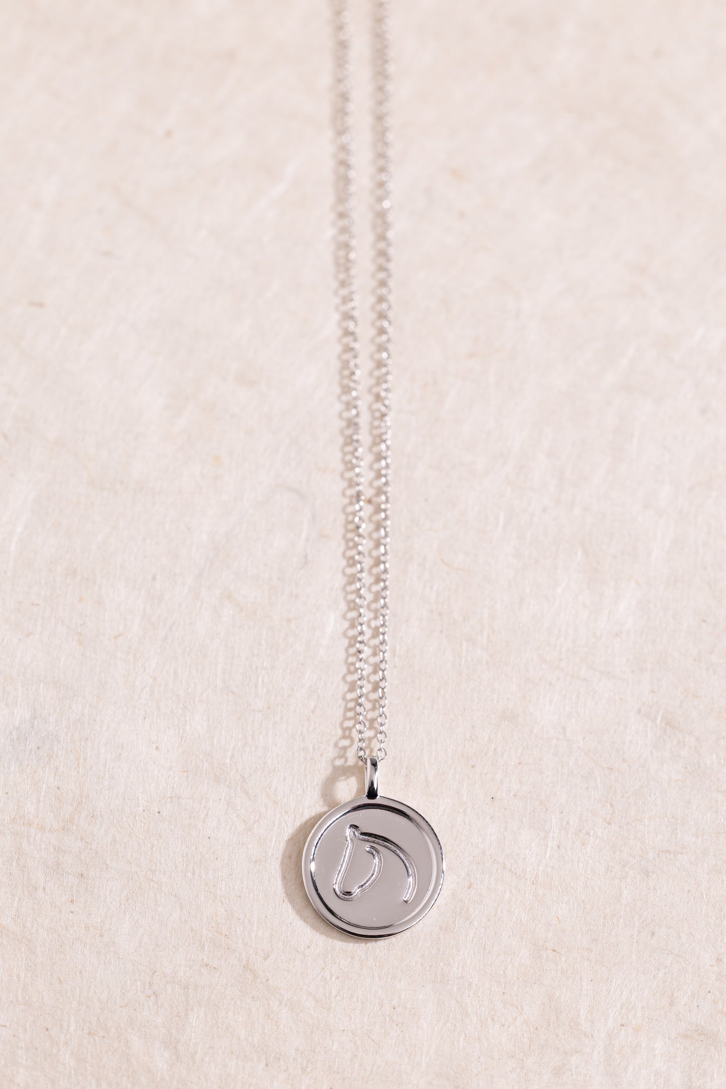 Sterling Silver necklace from The Gilded Horse with a round pendant, on a textured beige background.