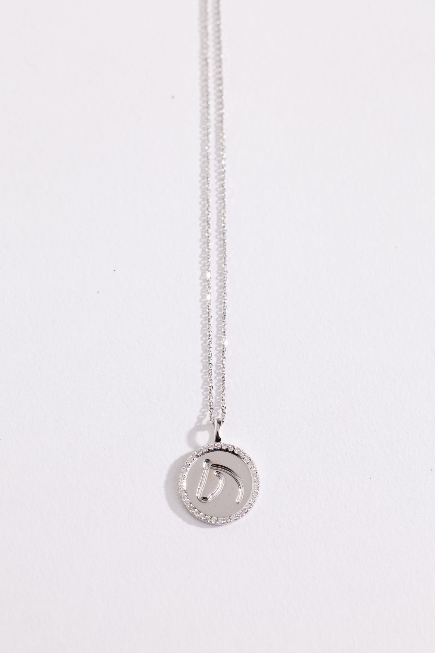 White gold and diamond necklace with a round pendant on a white background.