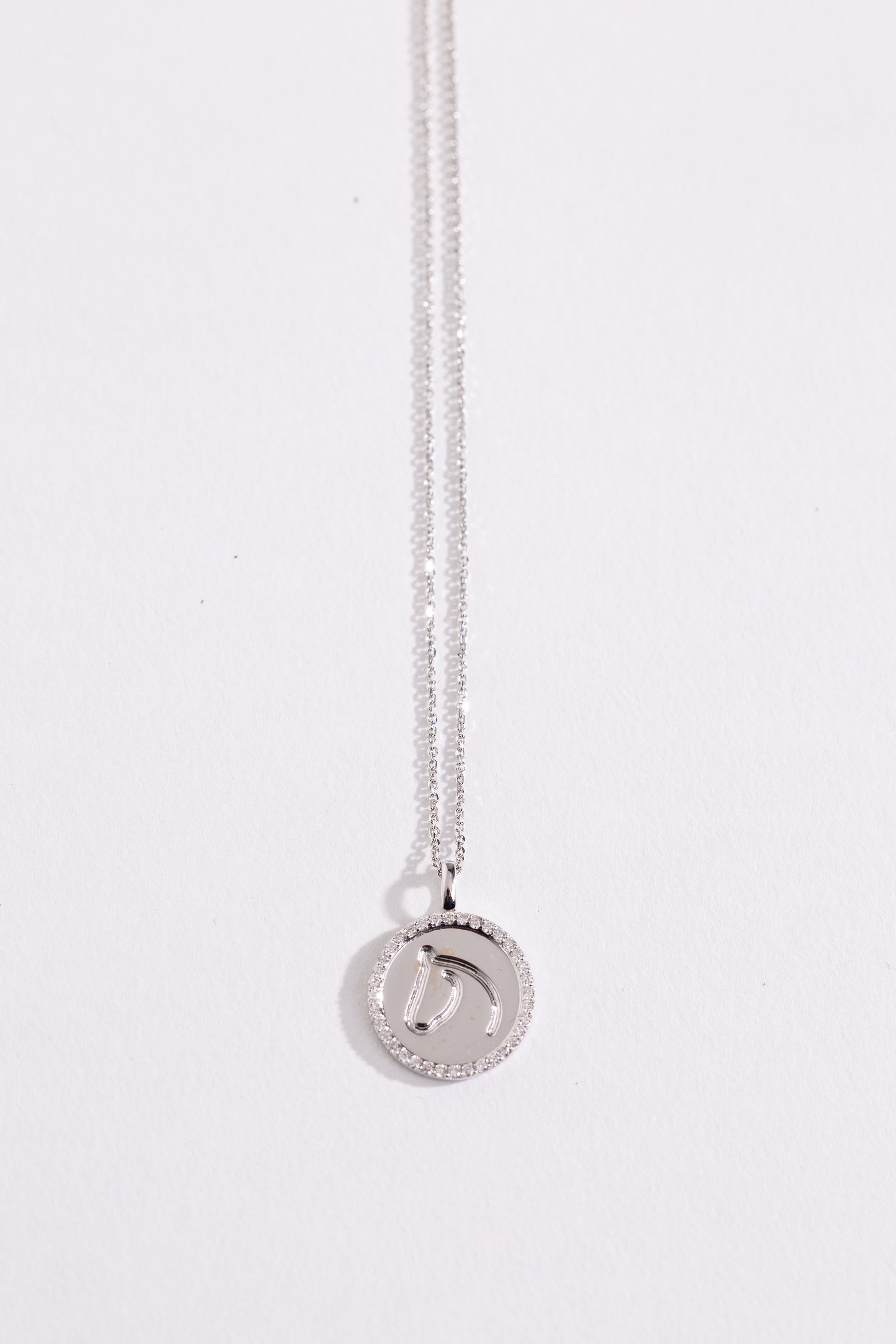 White gold and diamond necklace with a round pendant on a white background.
