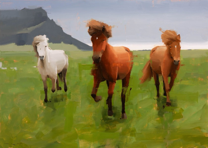 The Gilded Horse x KaterinaMorgan.art: painting of three horses running in a green field