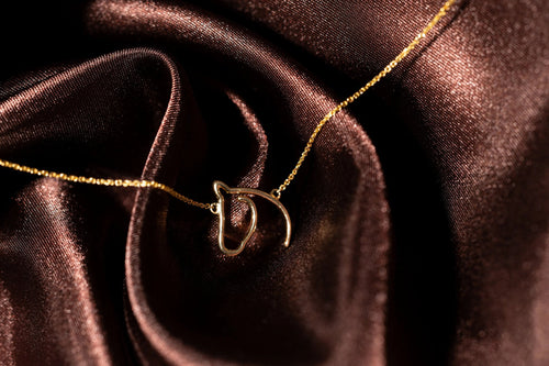 The Gilded Horse solid gold horse-head pendant on a fine chain over dark wood