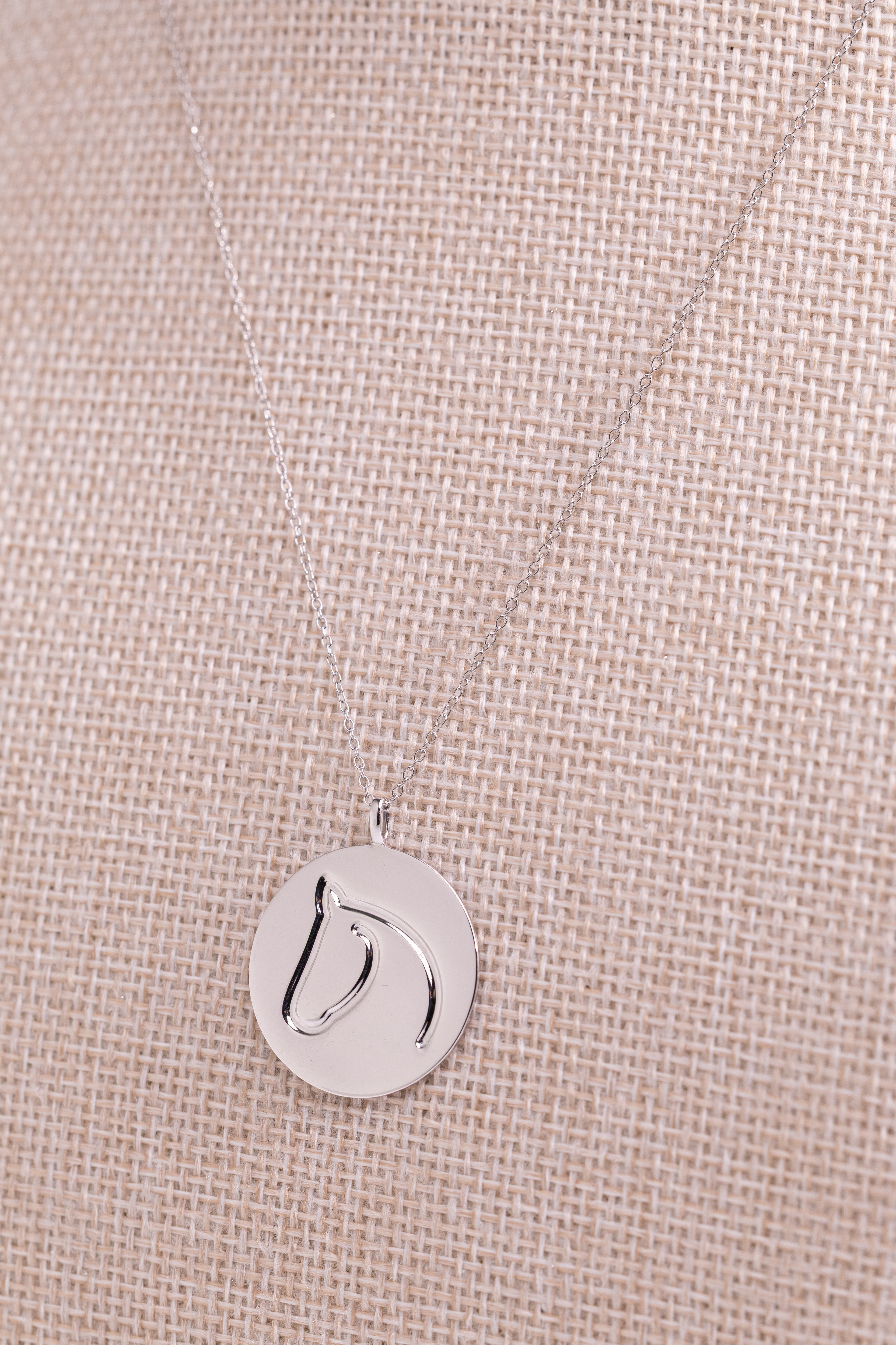 Close-up XXL Sterling Silver Circle Medallion Pendant Necklace from The Gilded Horse, on a beige mannequin. 