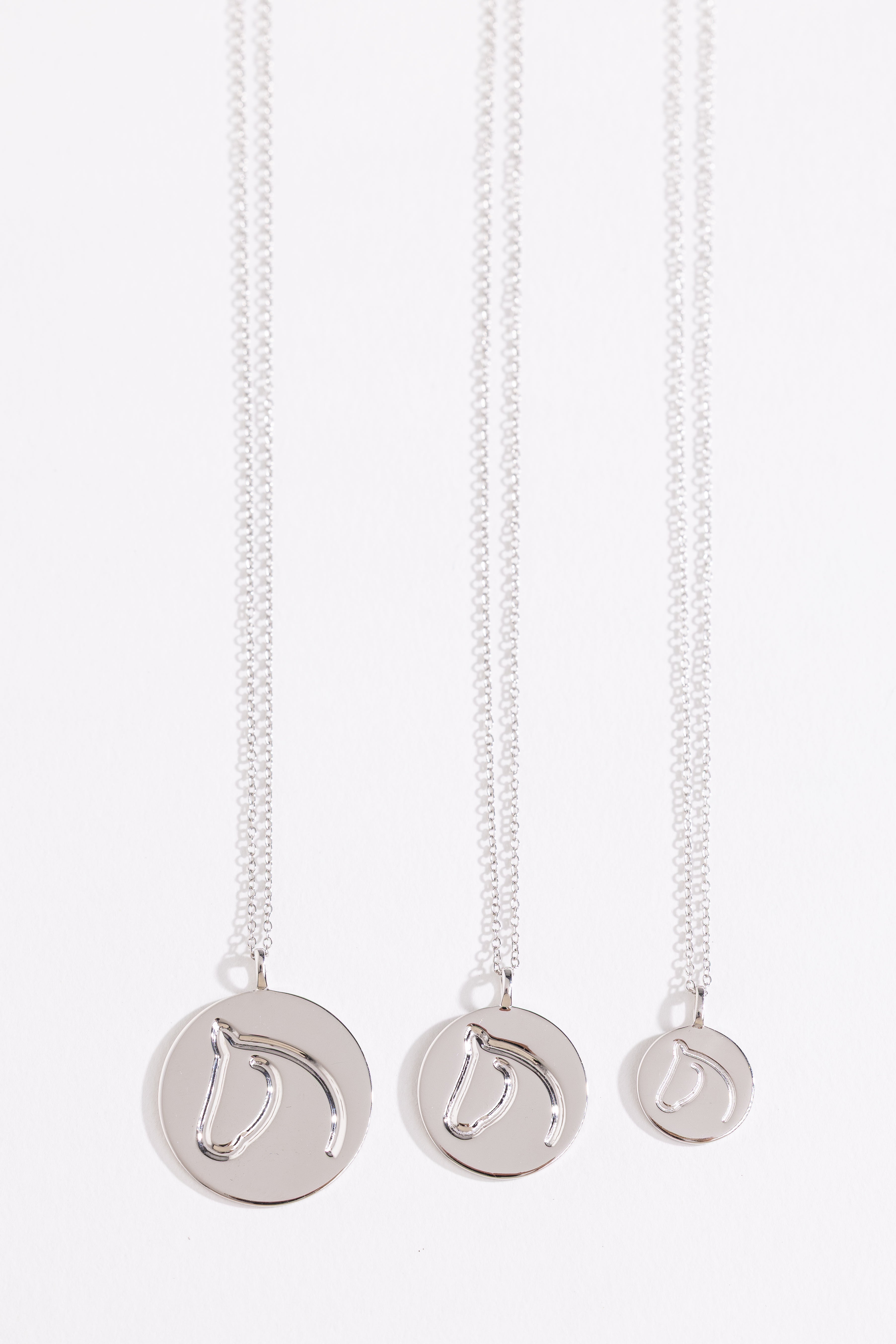 Three Sterling Silver Circle Medallion Pendant Necklaces from The Gilded Horse (XXL, XL, L) on a white background.