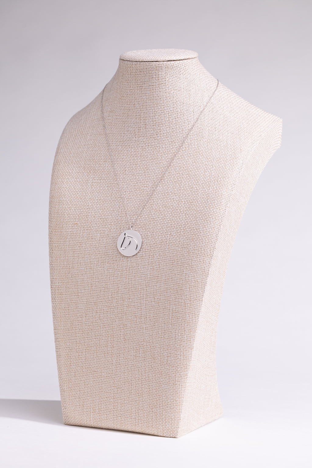 XL Sterling Silver Circle Medallion Pendant Necklace from The Gilded Horse on a beige mannequin. 