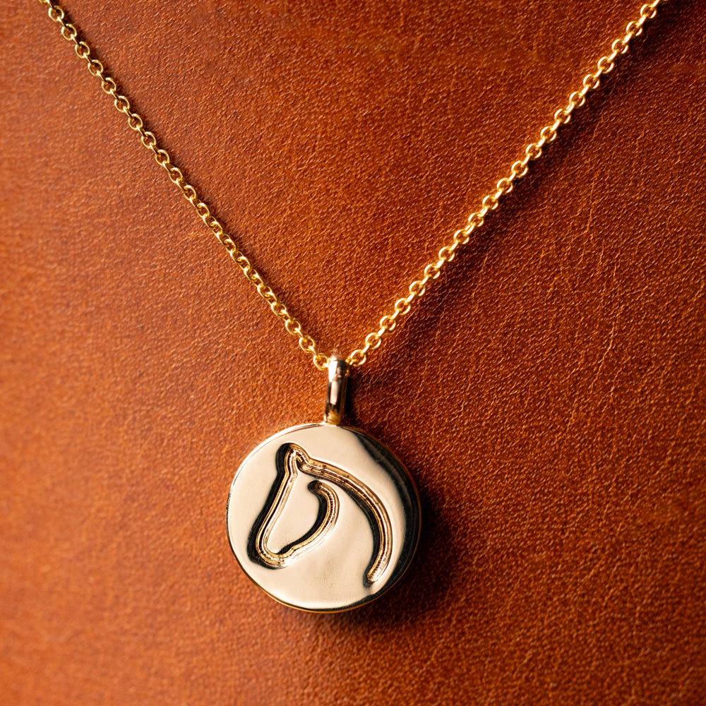A gold-colored circle medallion pendant necklace with a chain on a brown leather surface.