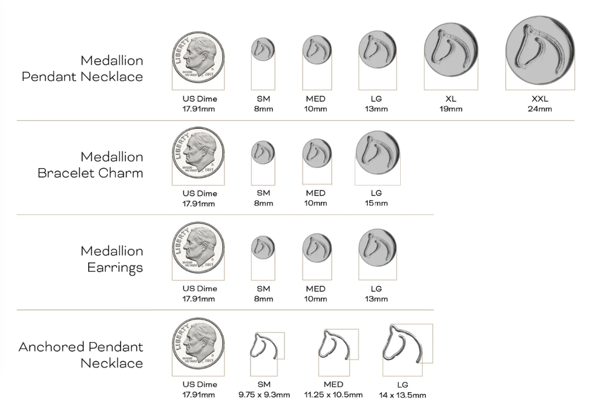The gilded horse sizes and dimension. Size chart for horse jewelry 