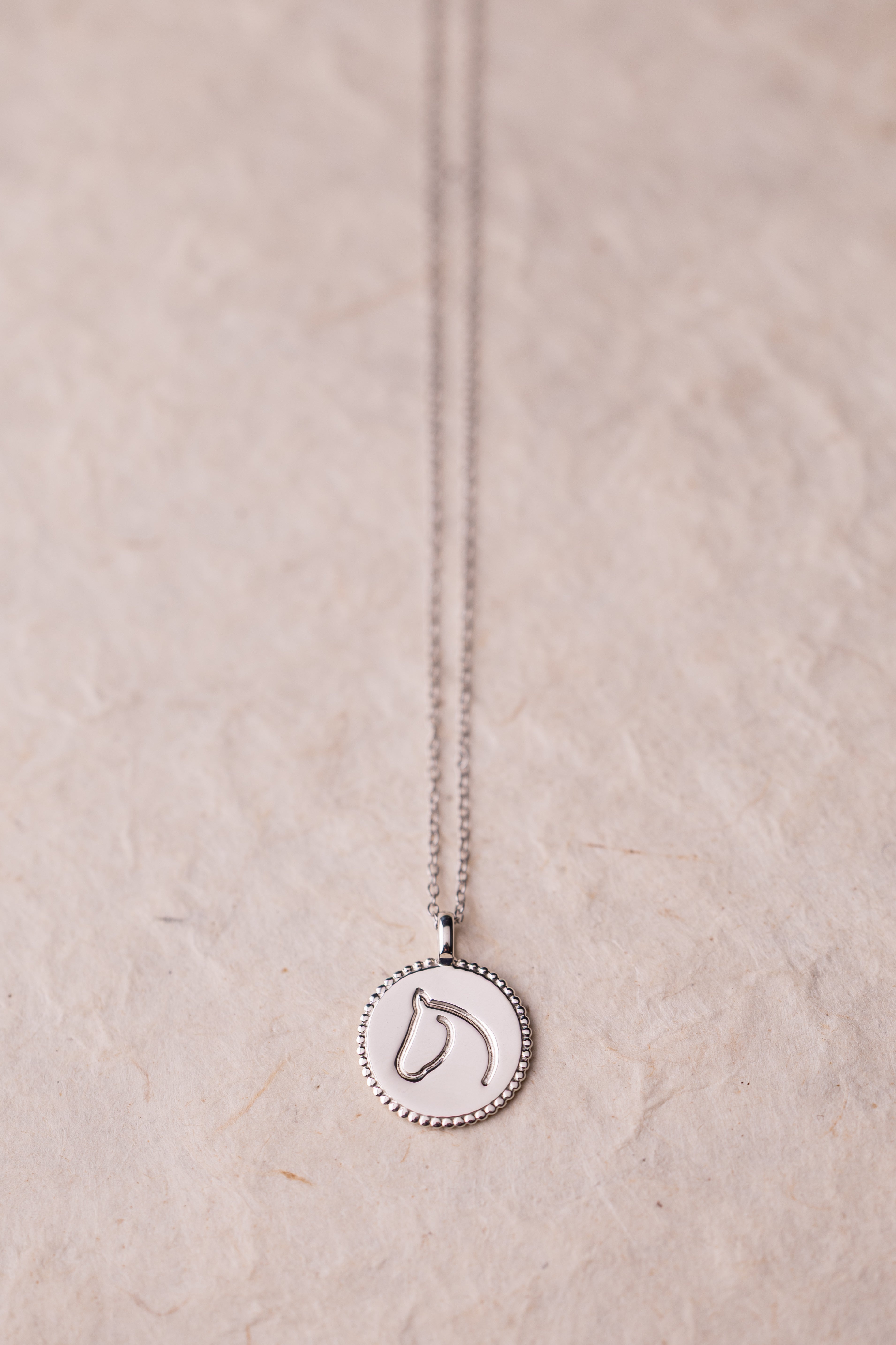 Silver necklace with a round horse pendant on a beige background.