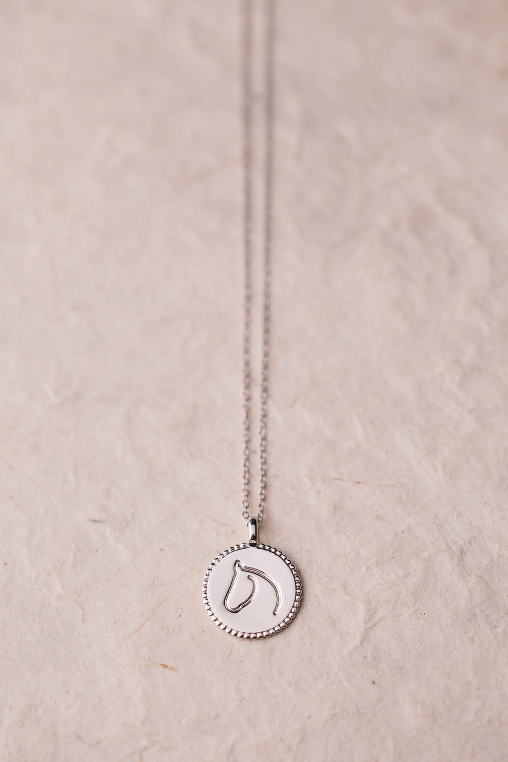 Silver necklace with a round horse pendant on a beige background.