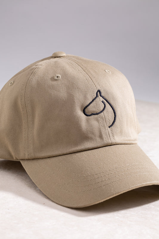 Beige cap with a black embroidered logo on a light gray background