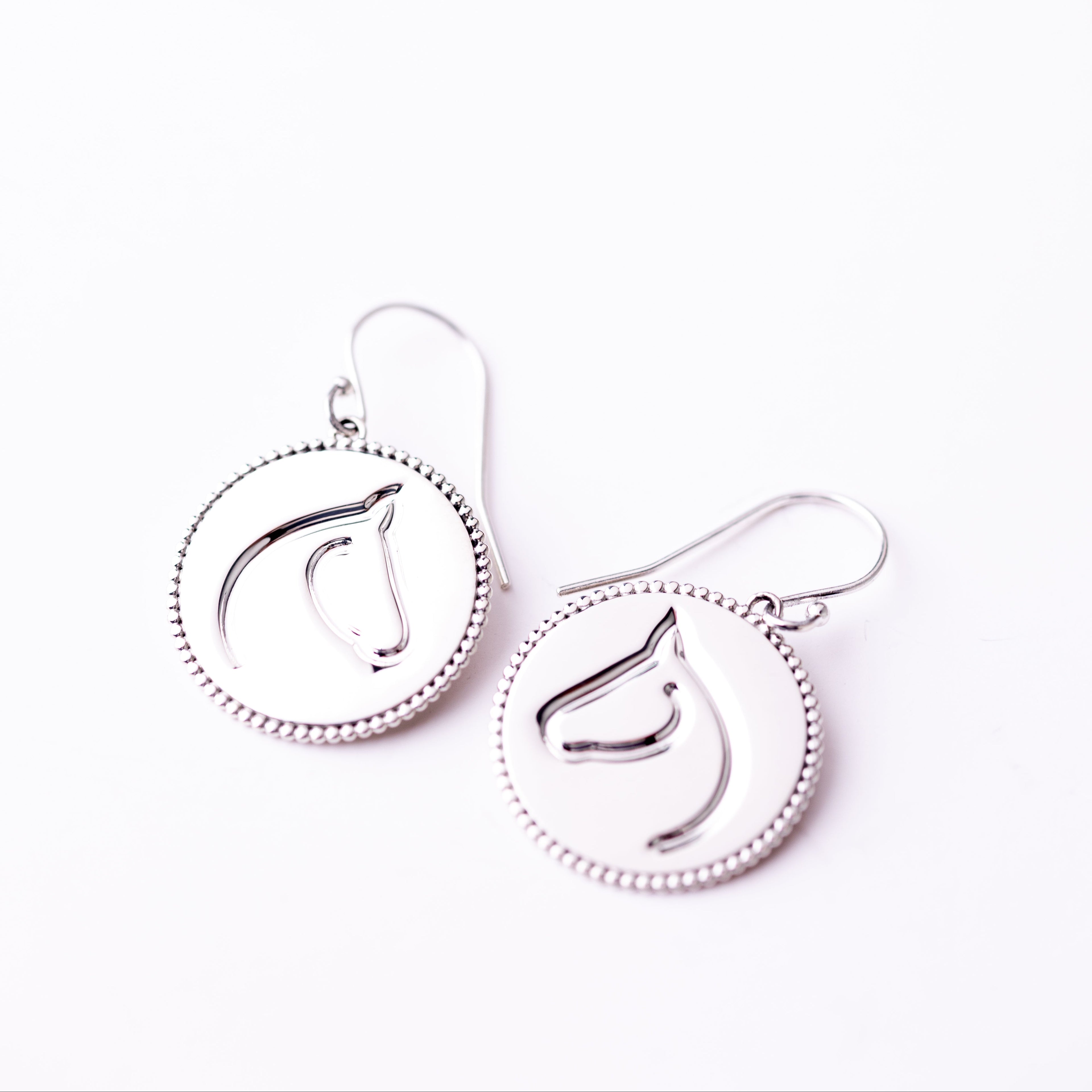 Pair of silver earrings with circular designs on a white background