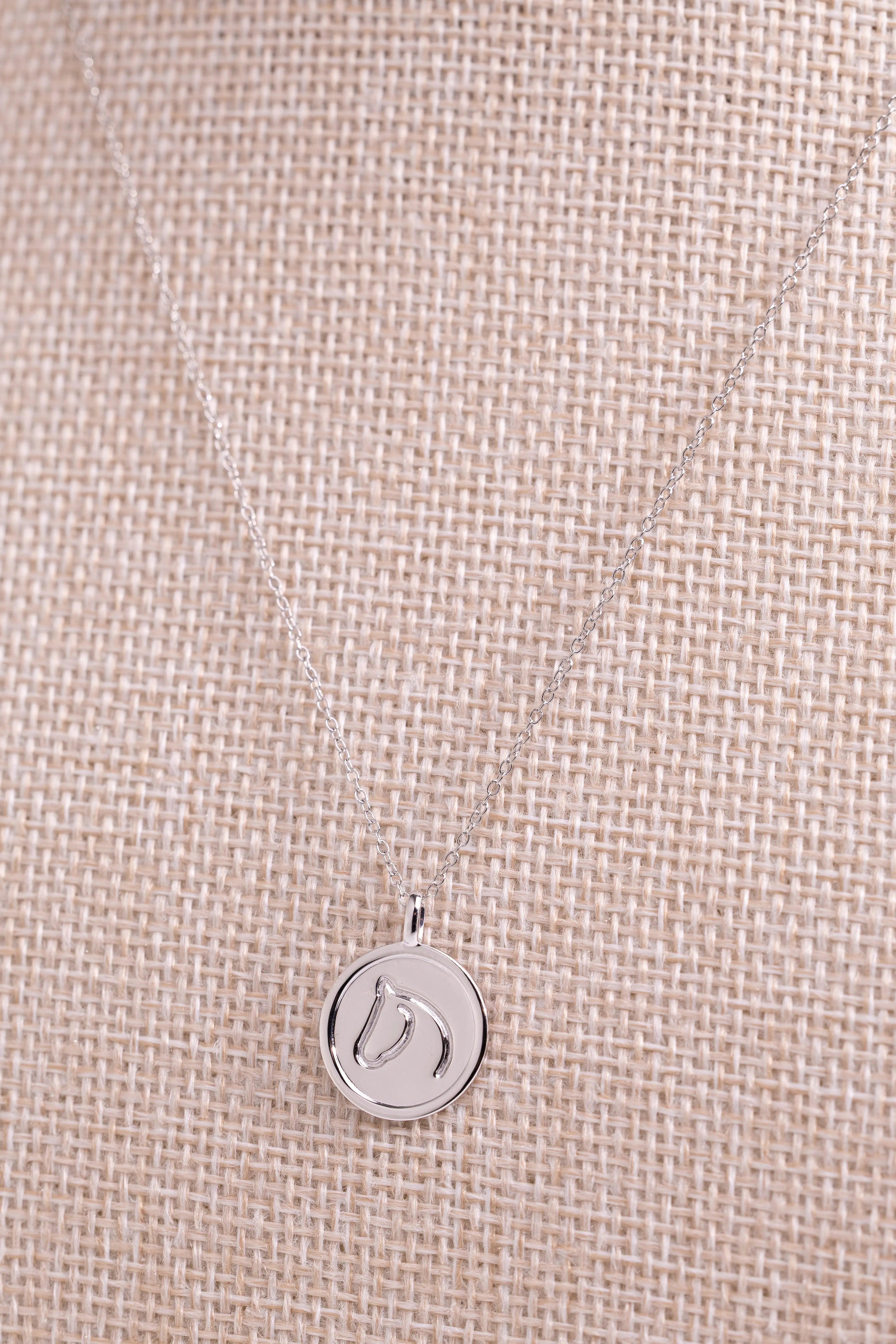 Sterling silver necklace with a round pendant from The Gilded Horse, on a beige fabric background.