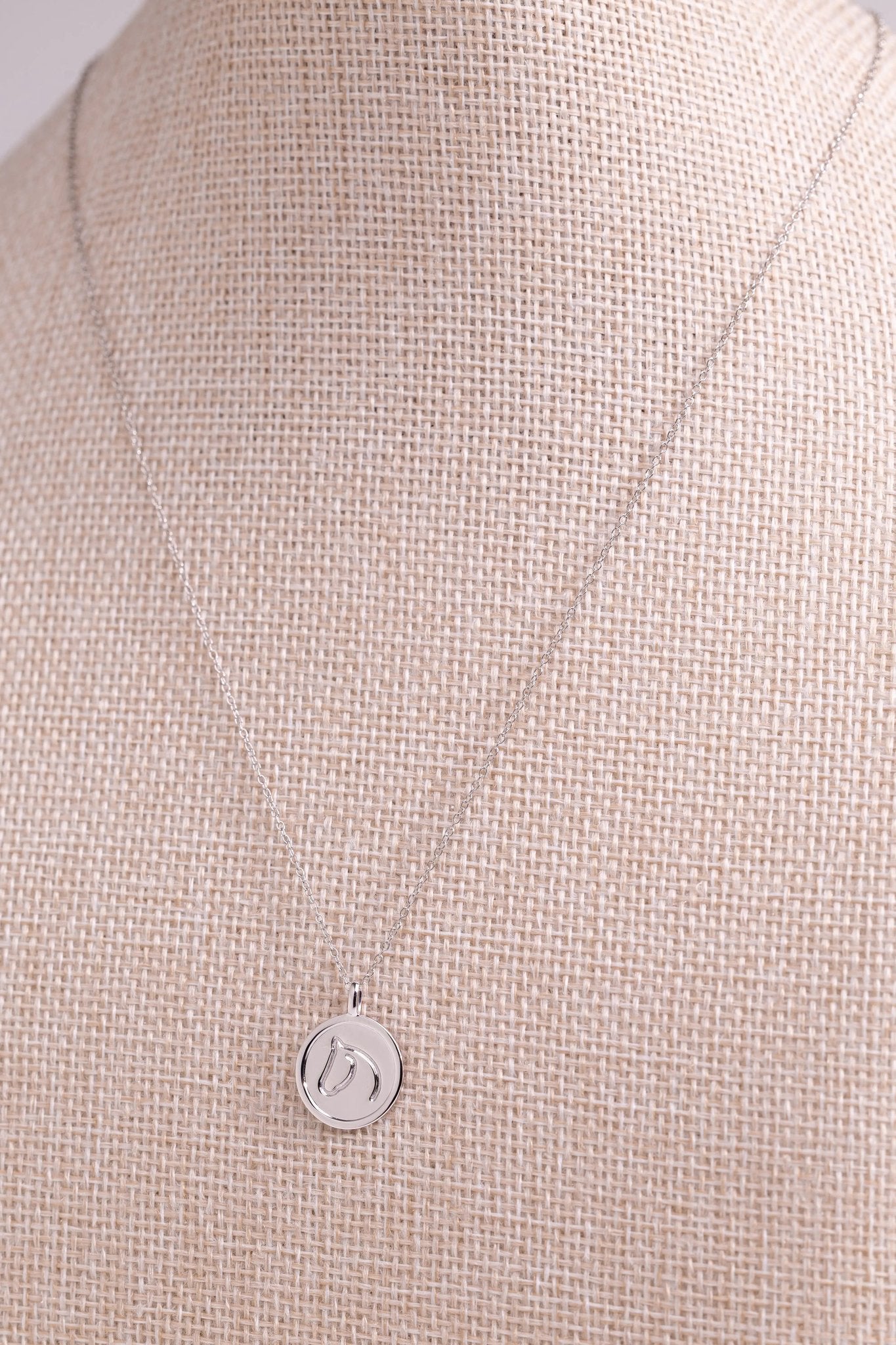 Sterling silver horse medallion pendant necklace displayed on a beige fabric bust