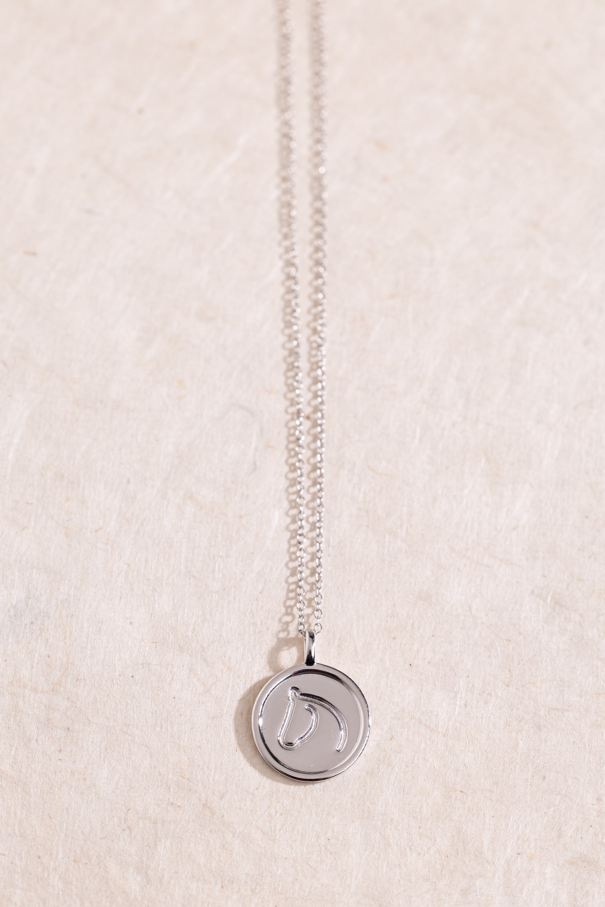 Sterling Silver necklace from The Gilded Horse with a round pendant, on a textured beige background.