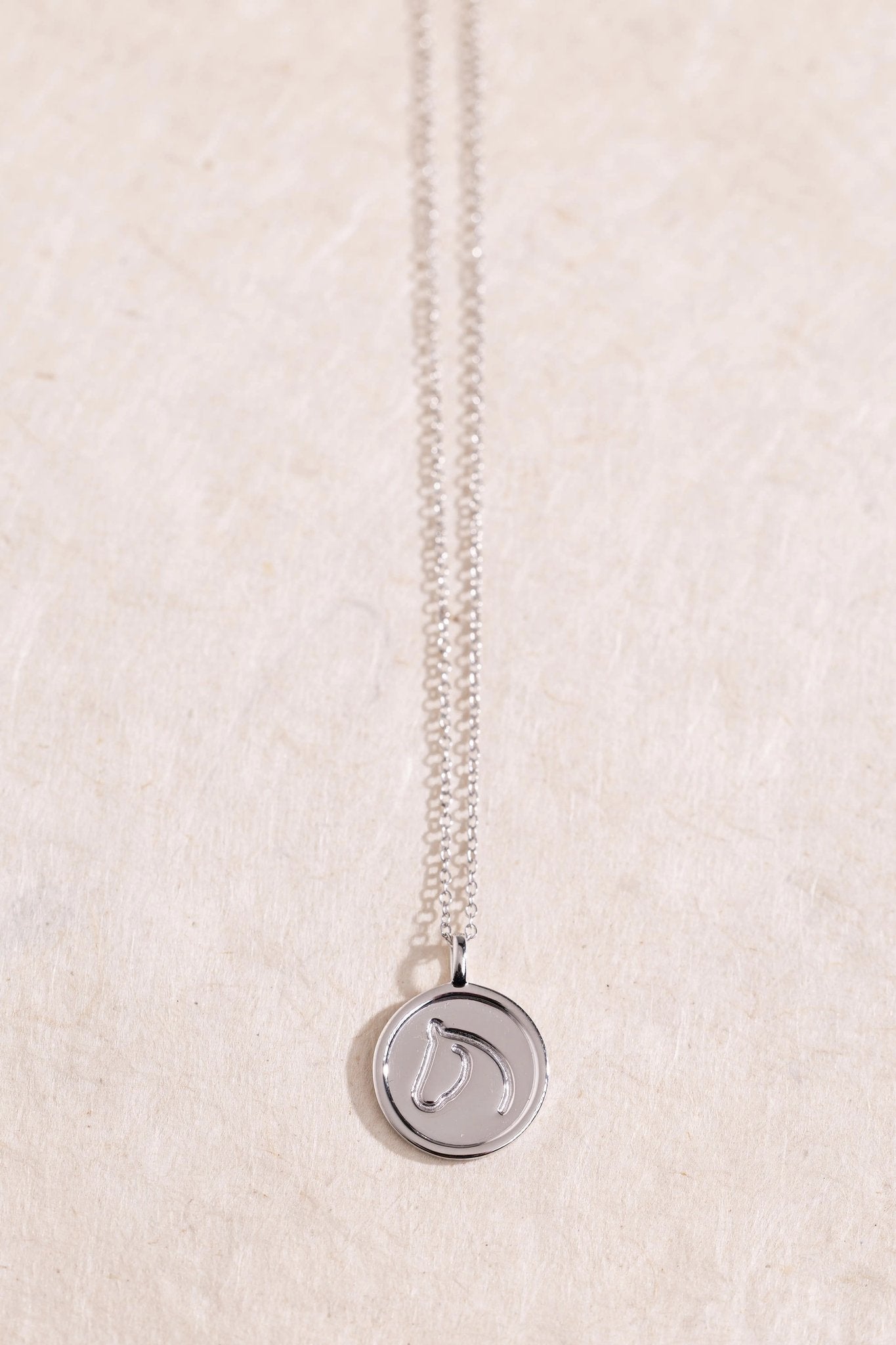 Sterling silver horse medallion necklace with raised border on a textured beige background