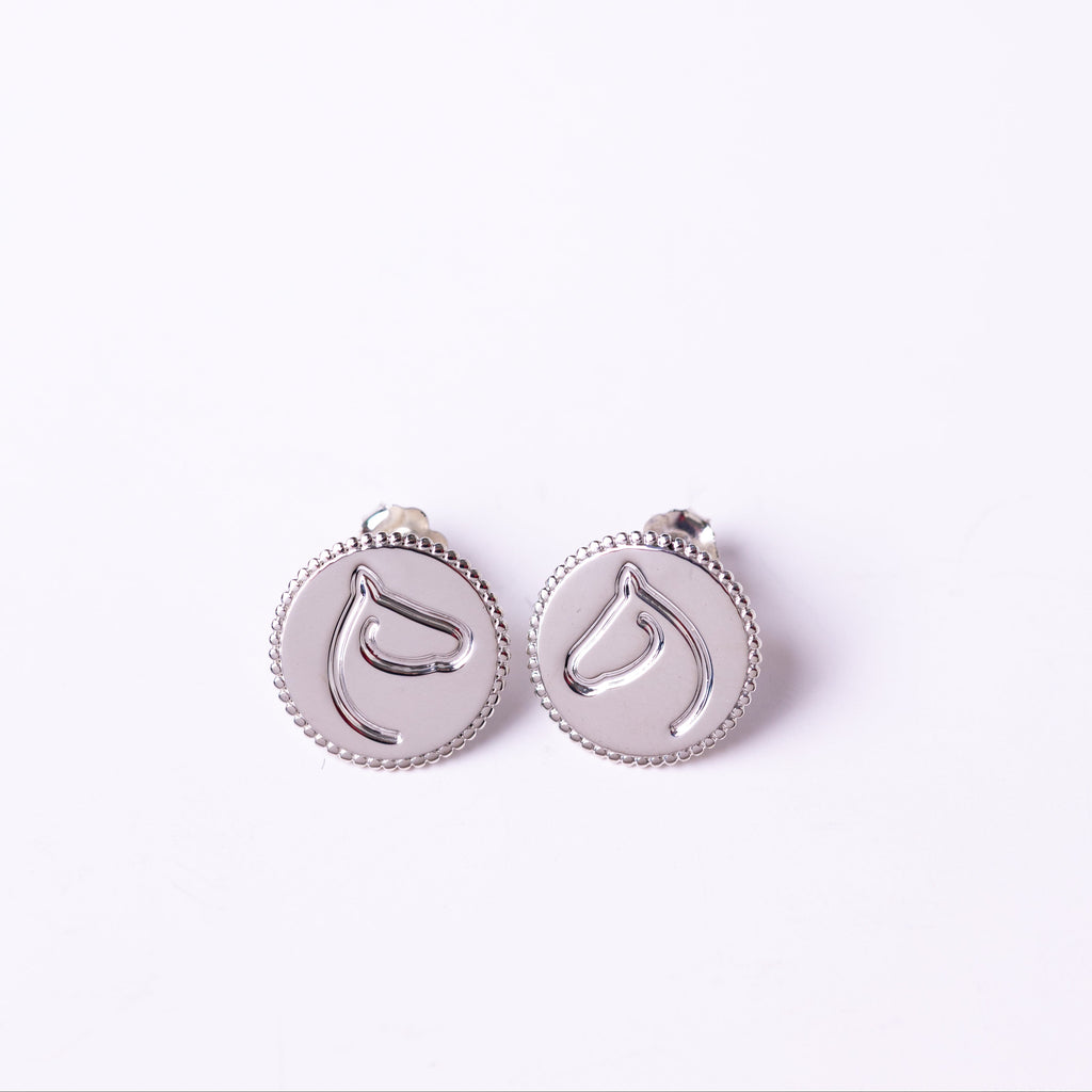 Pair of silver earrings with circular designs on a white background