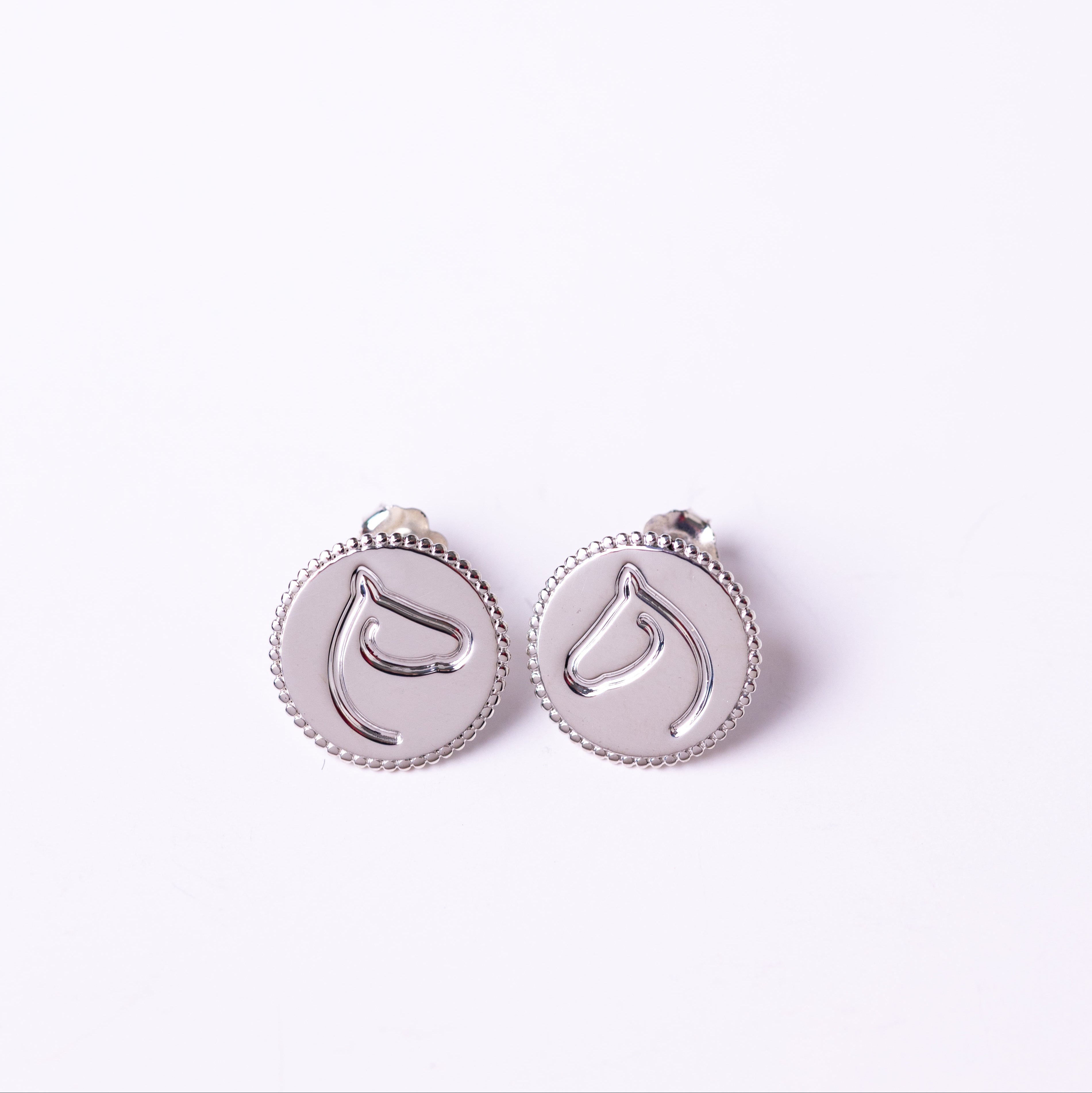 Pair of silver earrings with circular designs on a white background