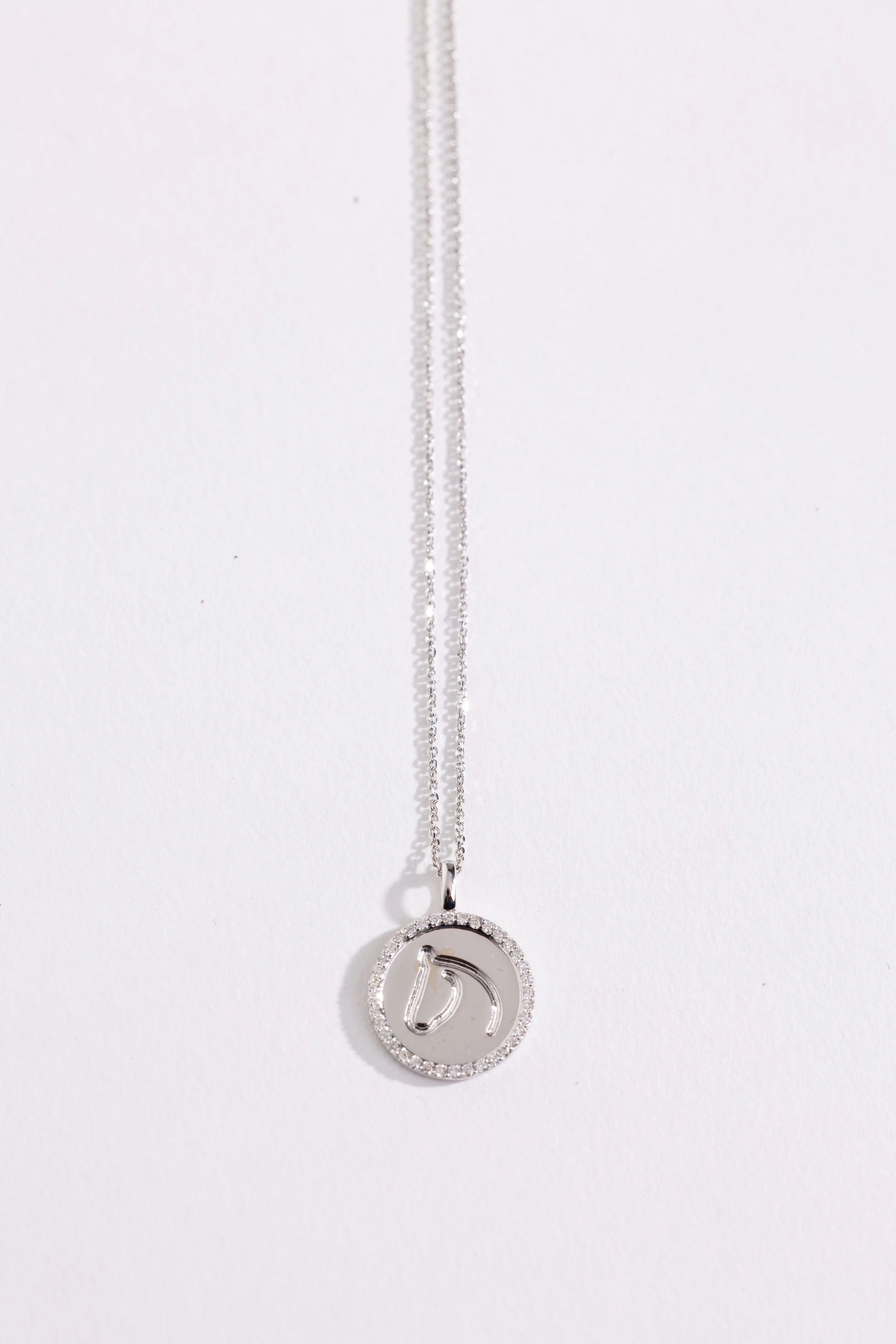 White gold and diamond necklace with a round pendant on a white background.