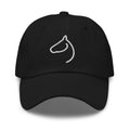 Black dad hat with white embroidered horse-head logo, front view