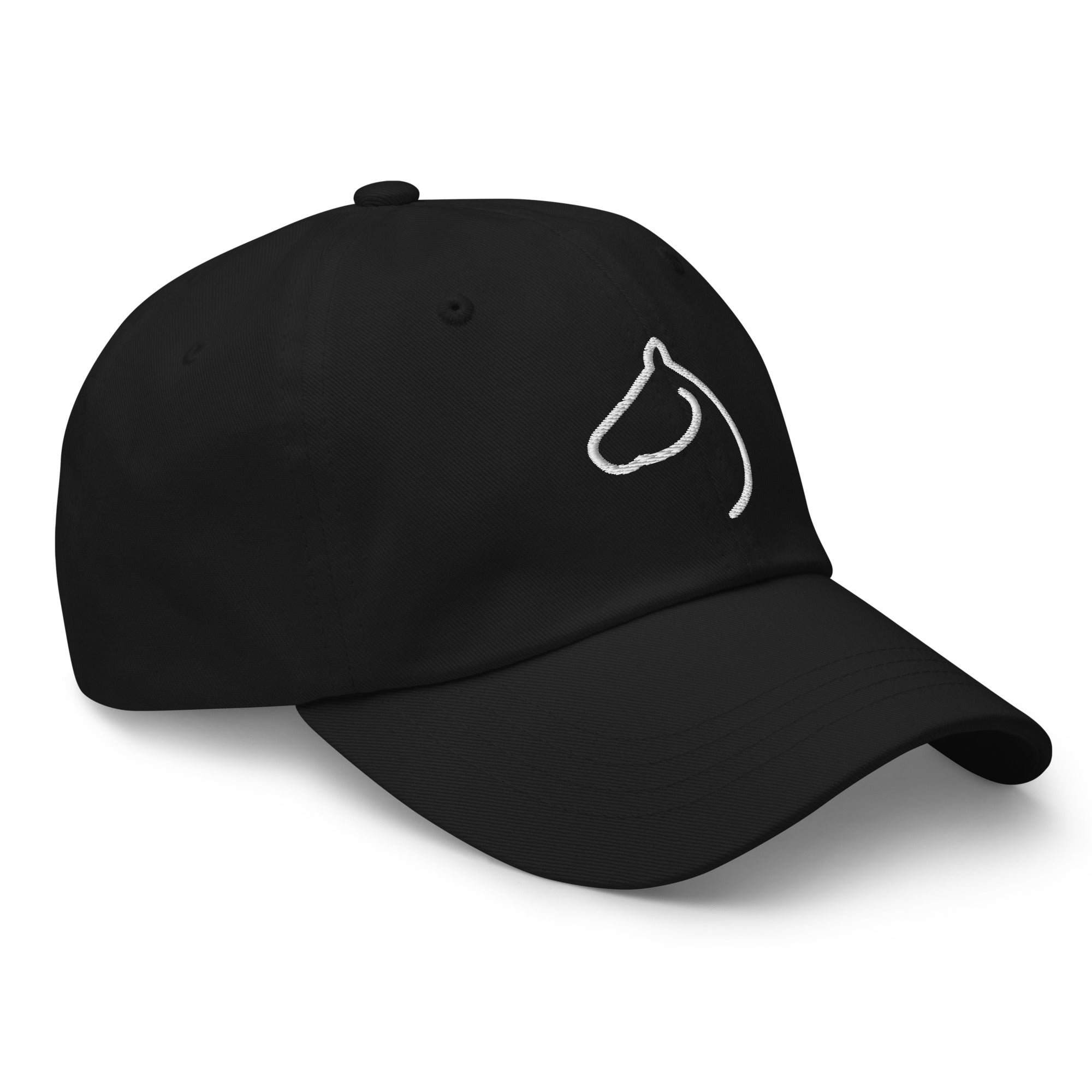 Black dad hat at an angle with a white embroidered horse-head outline logo on the front