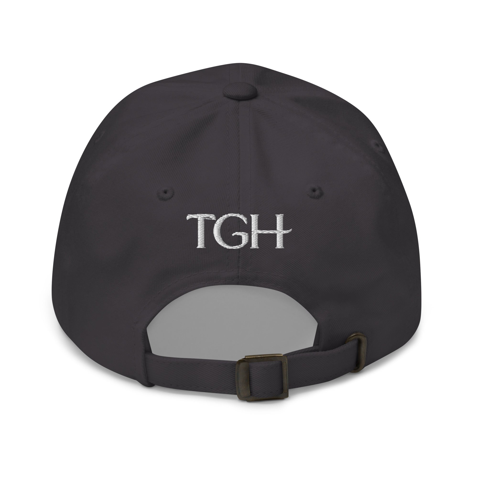 Back of a dark grey dad hat showing white "TGH" embroidery above the adjustable strap