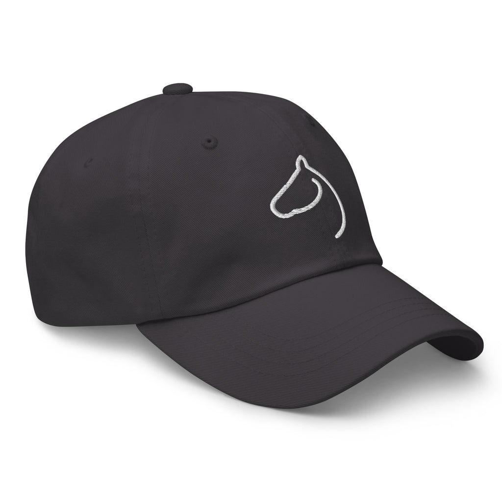 Dark grey dad hat angled to show the white embroidered horse-head logo