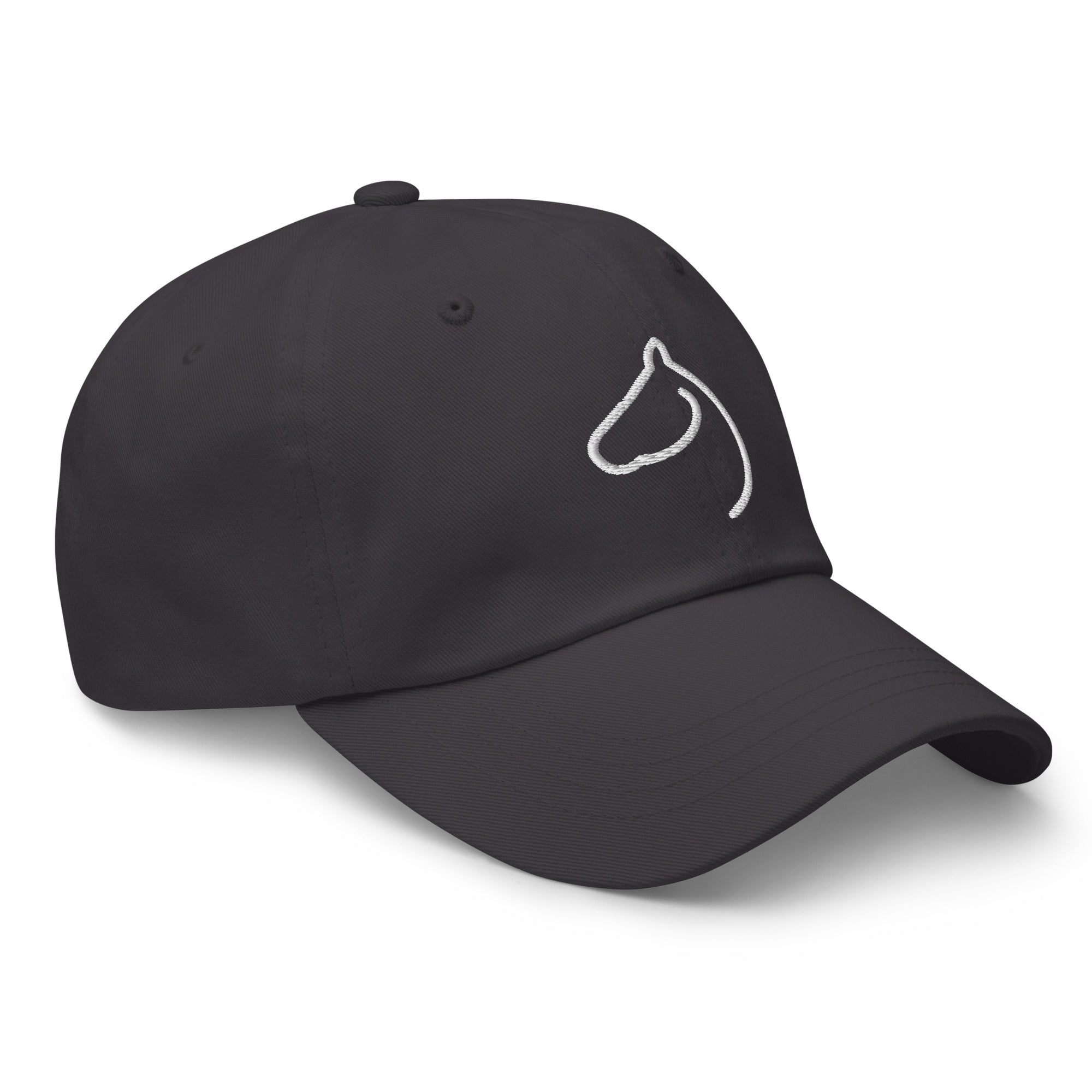 Dark grey dad hat angled to show the white embroidered horse-head logo