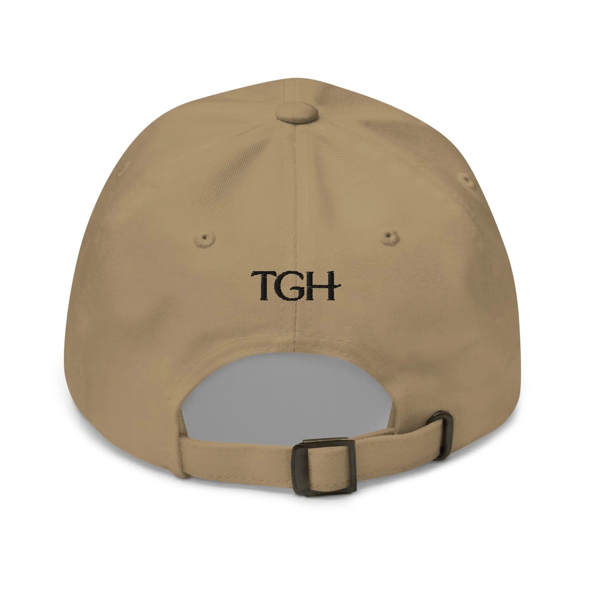 Back of khaki dad hat with black embroidered TGH lettering and adjustable strap