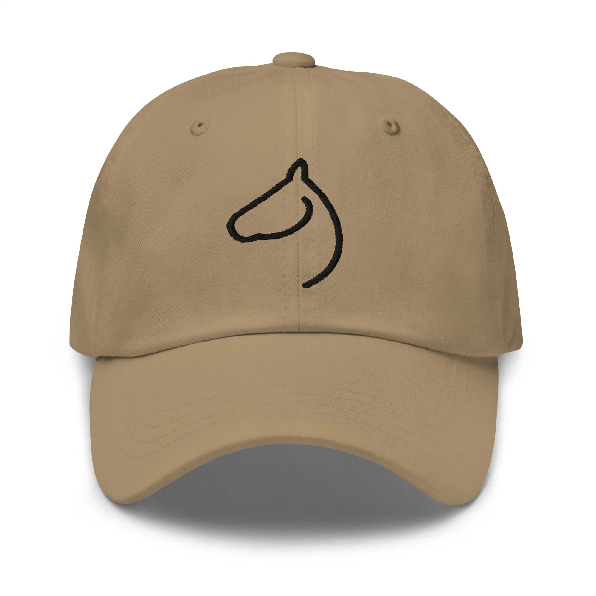 The Gilded Horse khaki cap front view with black embroidered horse-head logo