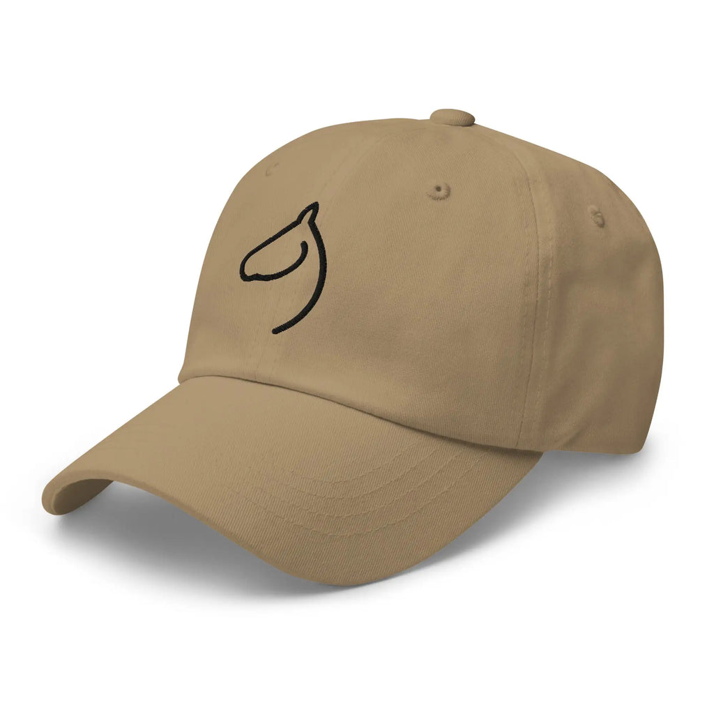 Khaki dad hat with black embroidered horse-head logo, left front angle