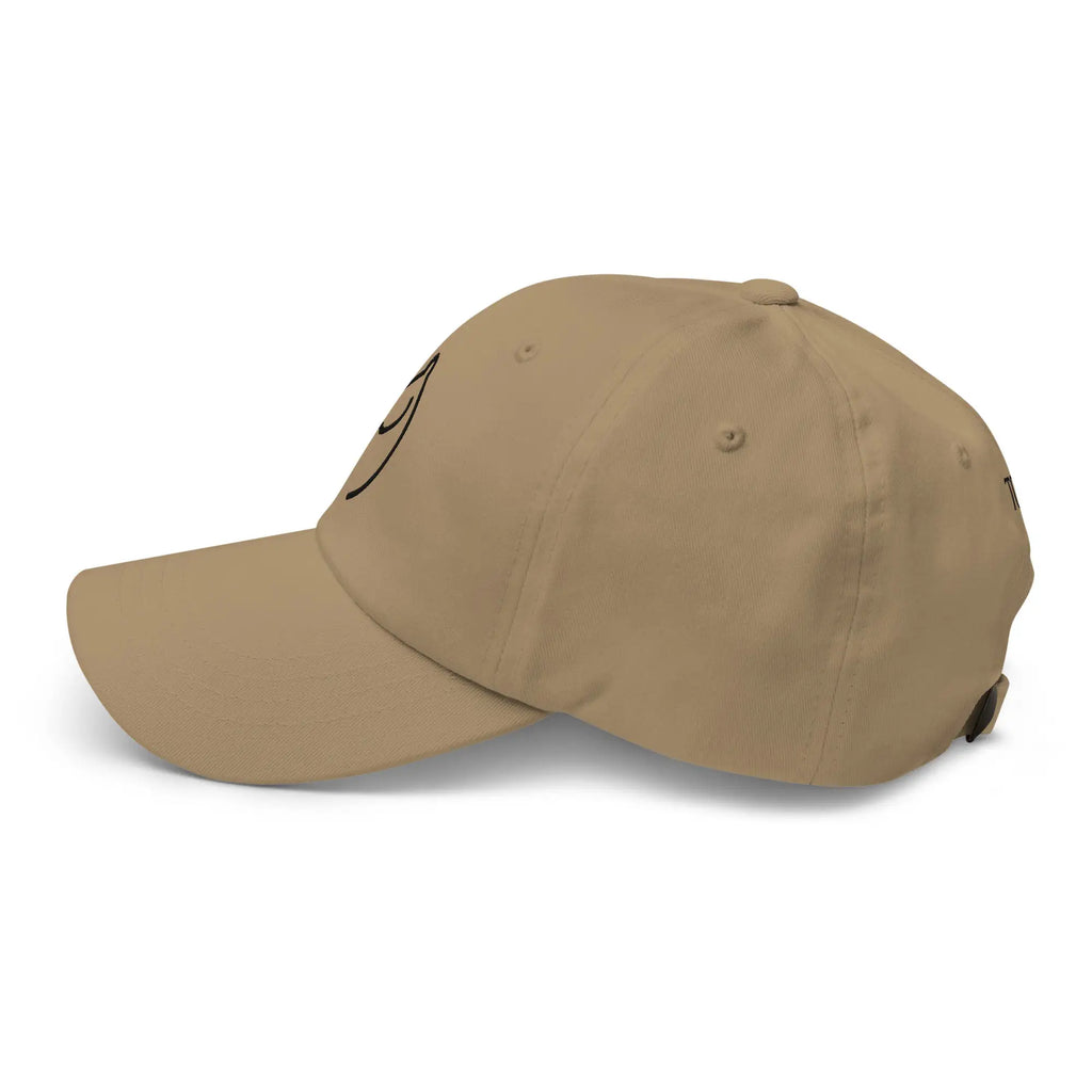 Khaki dad hat, left side view with black horse-head embroidery at front