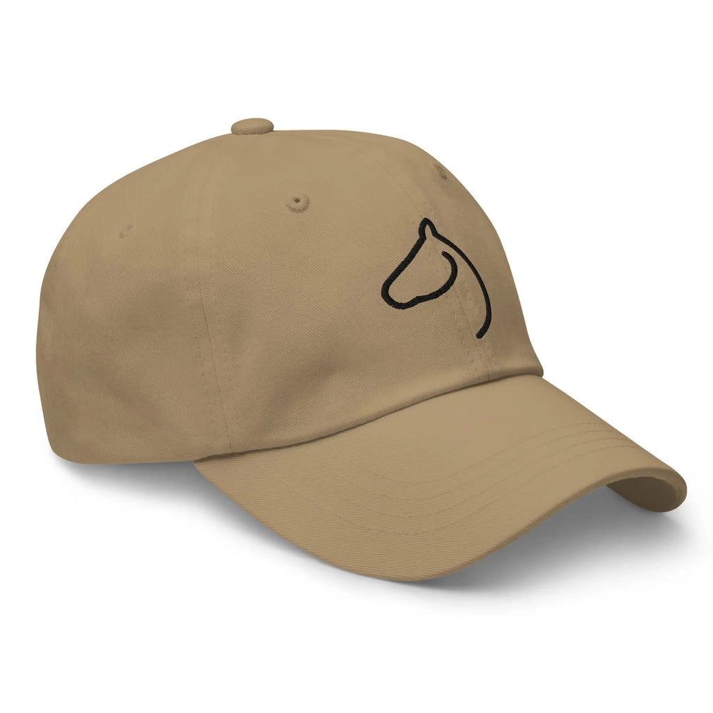 Khaki dad hat with black embroidered horse-head outline, right front angle