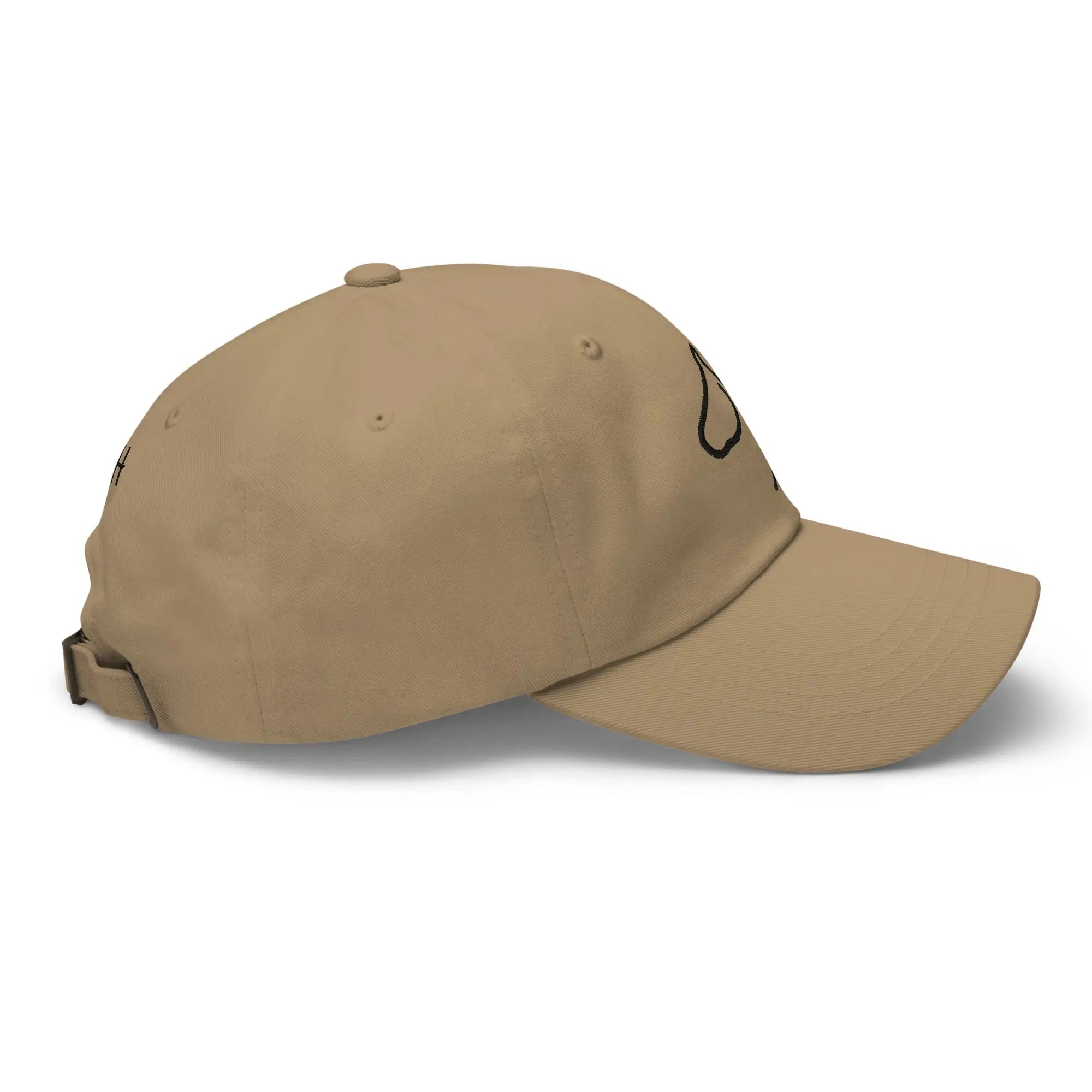 Khaki dad hat, right side view showing curved brim and tan crown