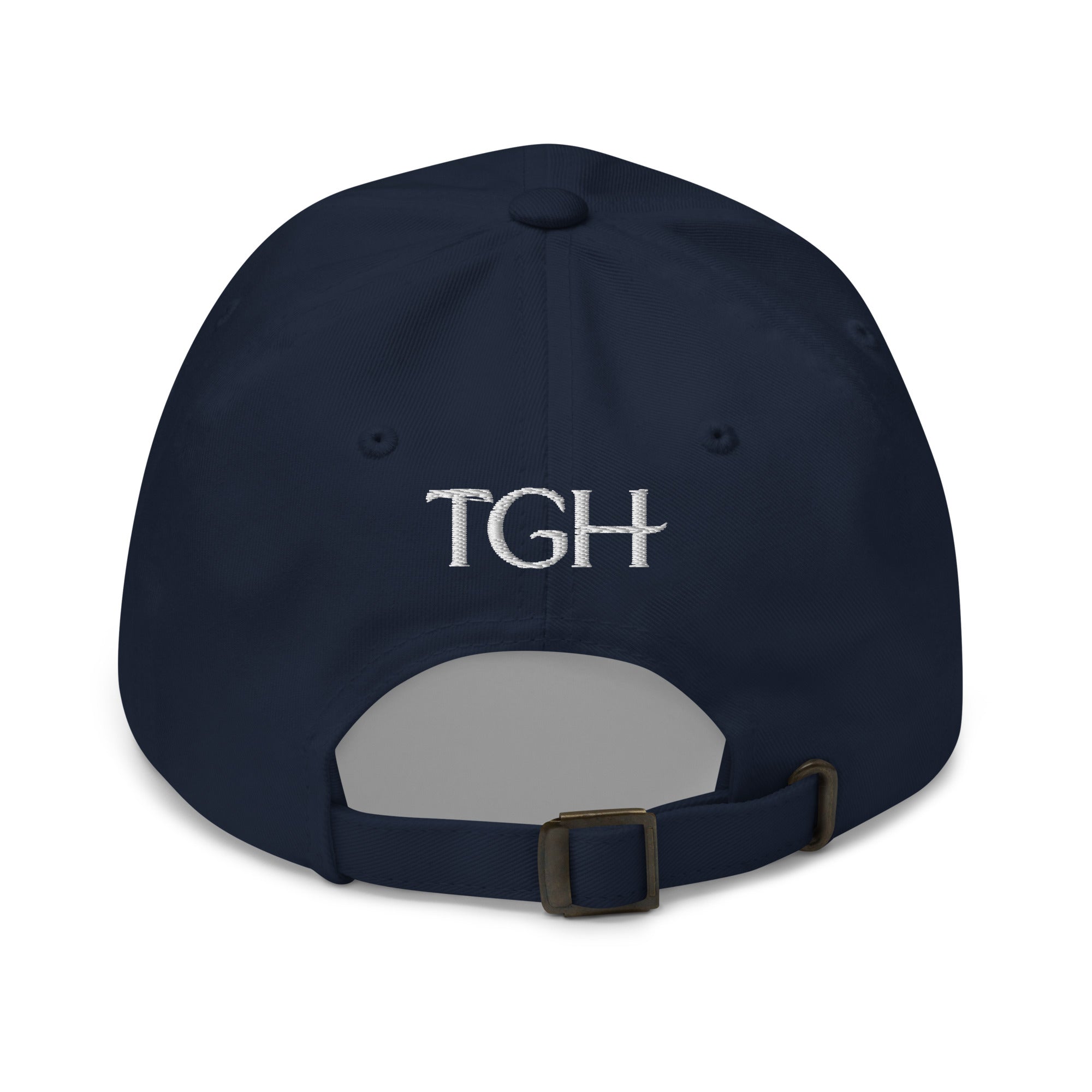 Back of a navy dad hat with "TGH" embroidered in white and an adjustable strap