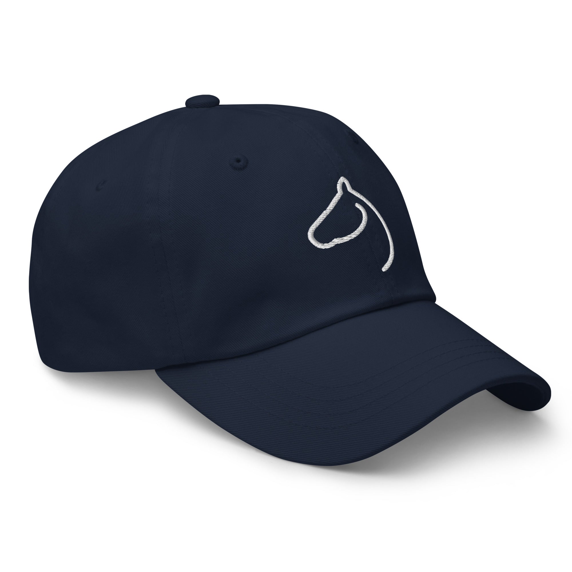 Navy dad hat angled to show the white embroidered equestrian horse-head logo