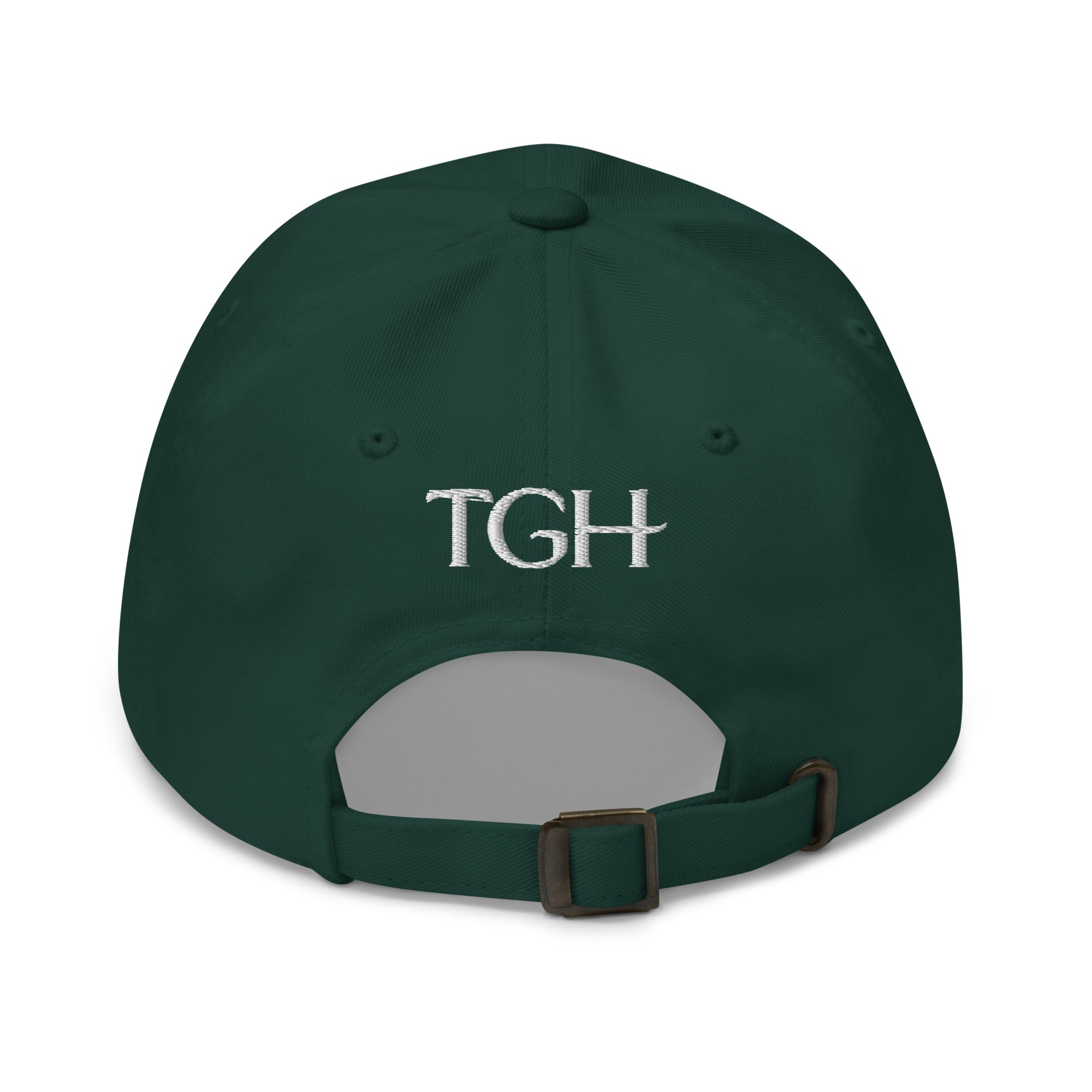 Back of a spruce green dad hat with white "TGH" embroidery and an antique-brass buckle strap
