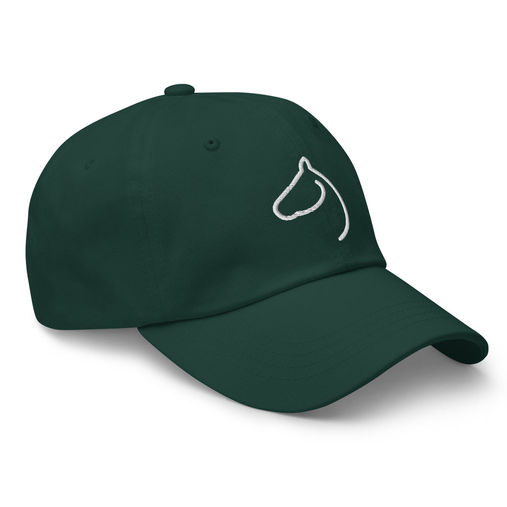Spruce green dad hat with a white embroidered horse-head outline on the front panel