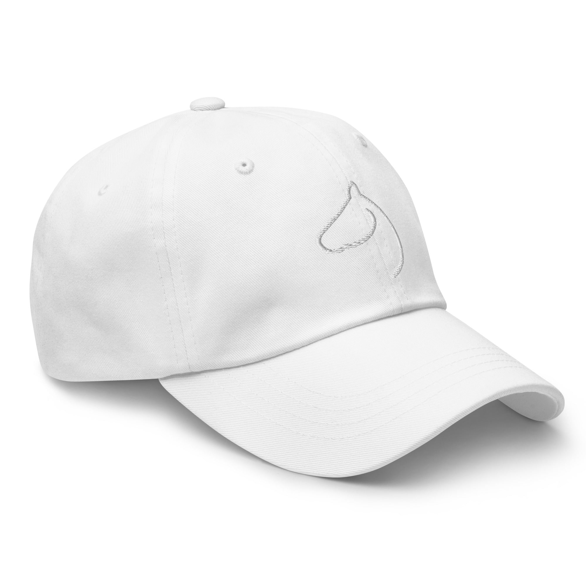 White dad hat at an angle with a tonal embroidered horse-head outline logo