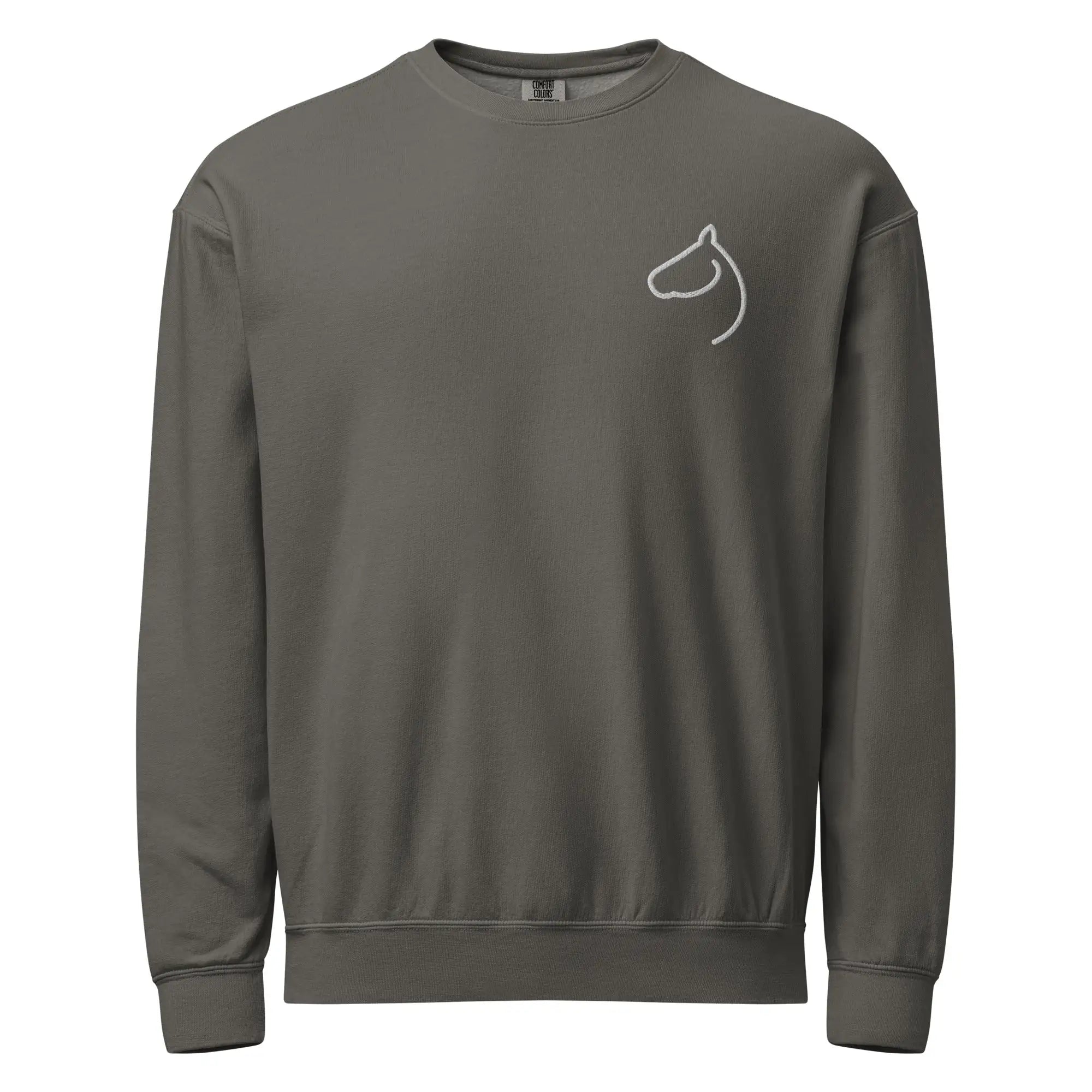 Gray garment-dyed crewneck sweatshirt with embroidered horse-head outline on the chest
