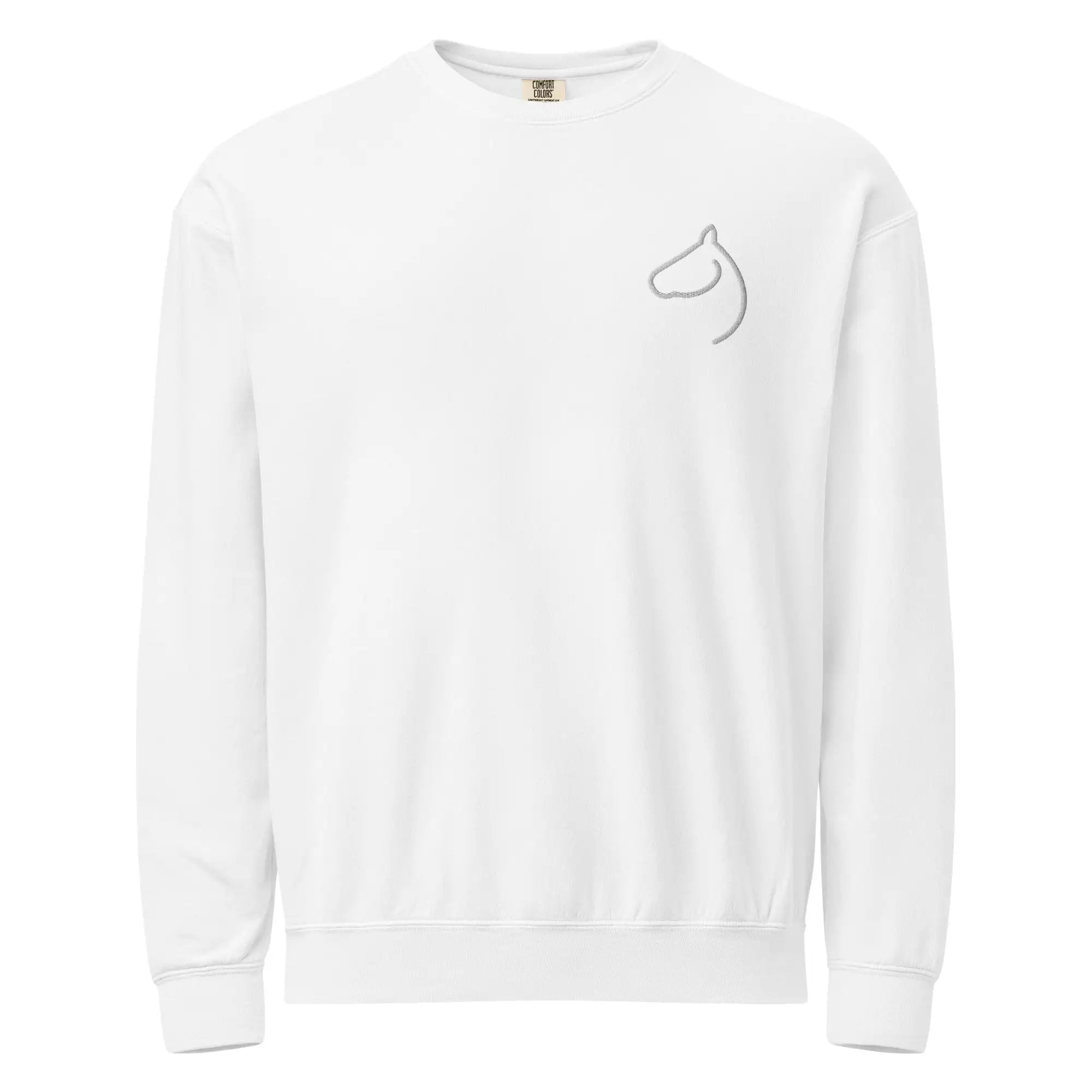 White garment-dyed crewneck sweatshirt with tonal embroidered horse-head logo