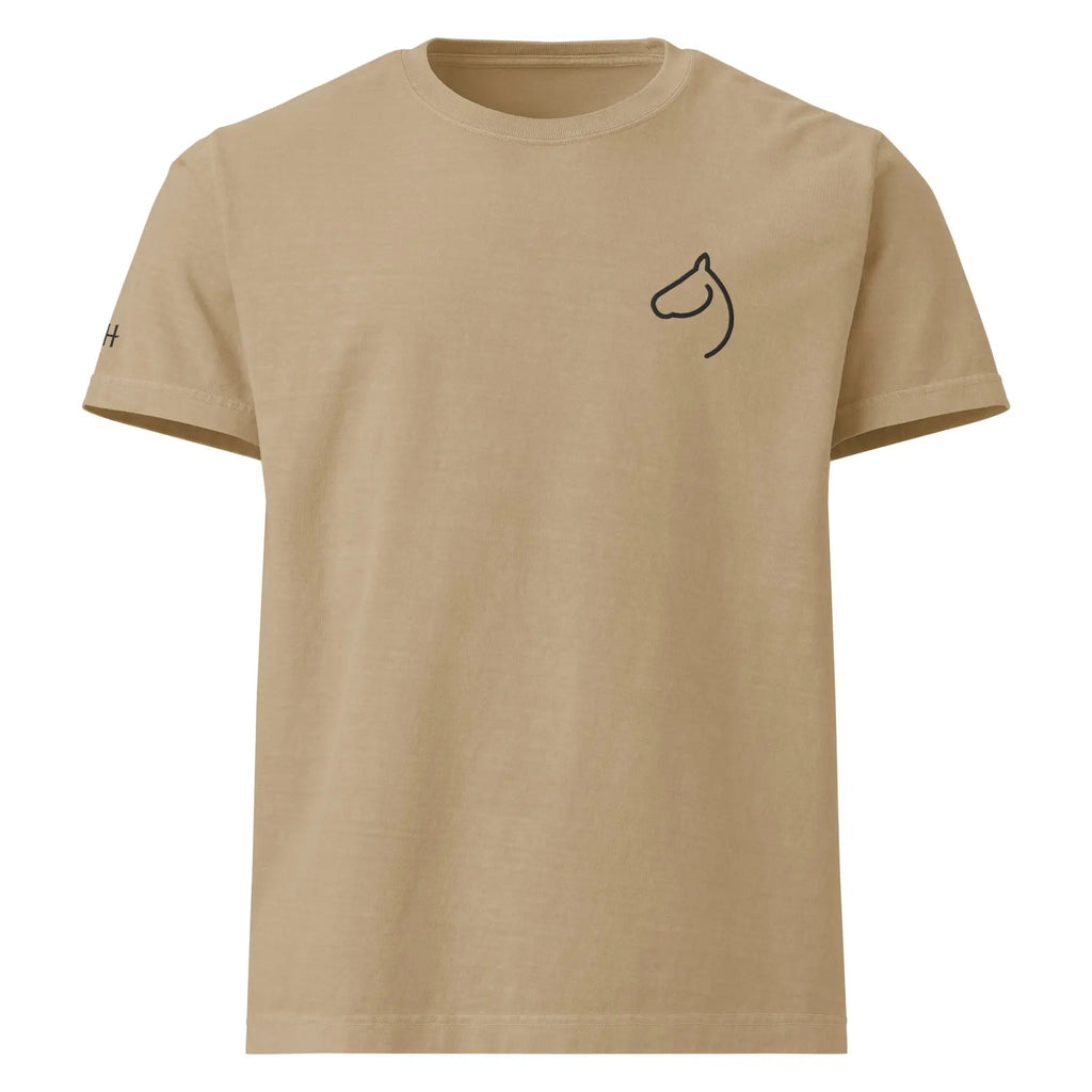 Sand-colored oversized t-shirt with black embroidered horse-head logo on chest