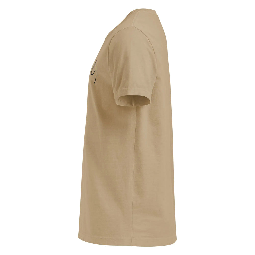 Sand-colored oversized t-shirt, left side view with horse-head chest embroidery
