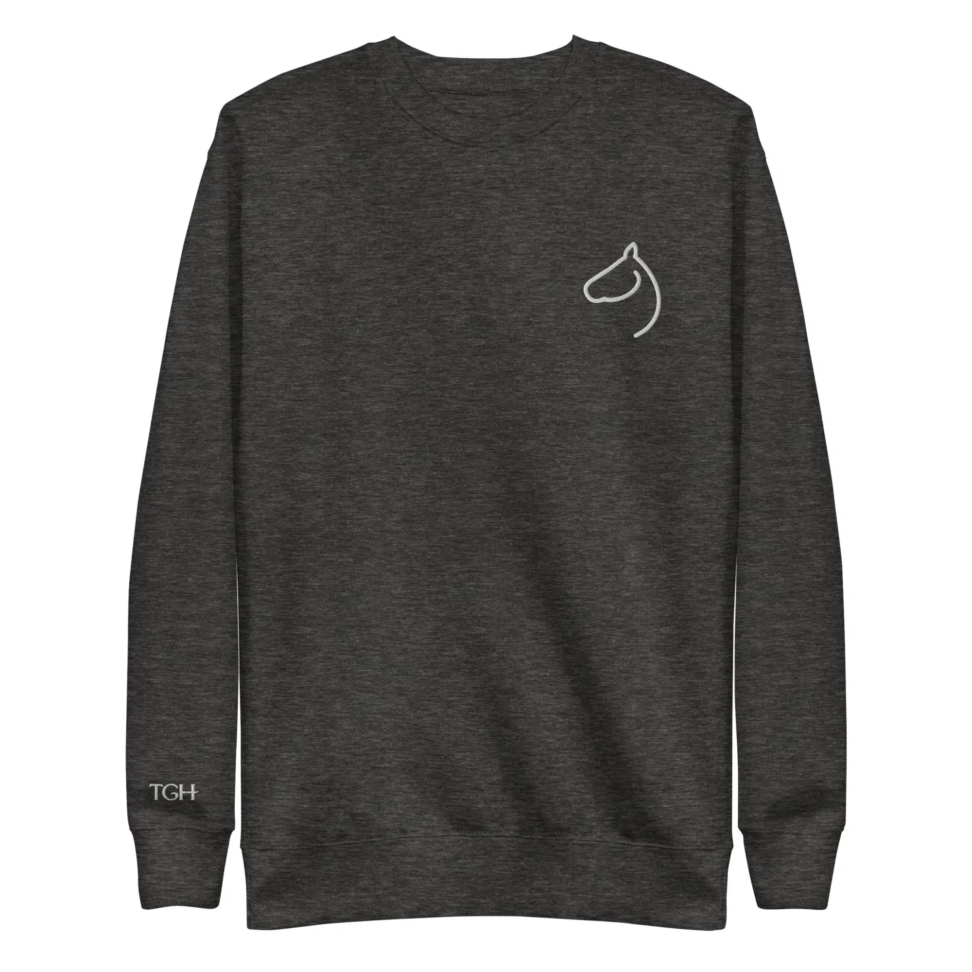 Charcoal heather crewneck sweatshirt with white embroidered horse-head and TGH sleeve mark