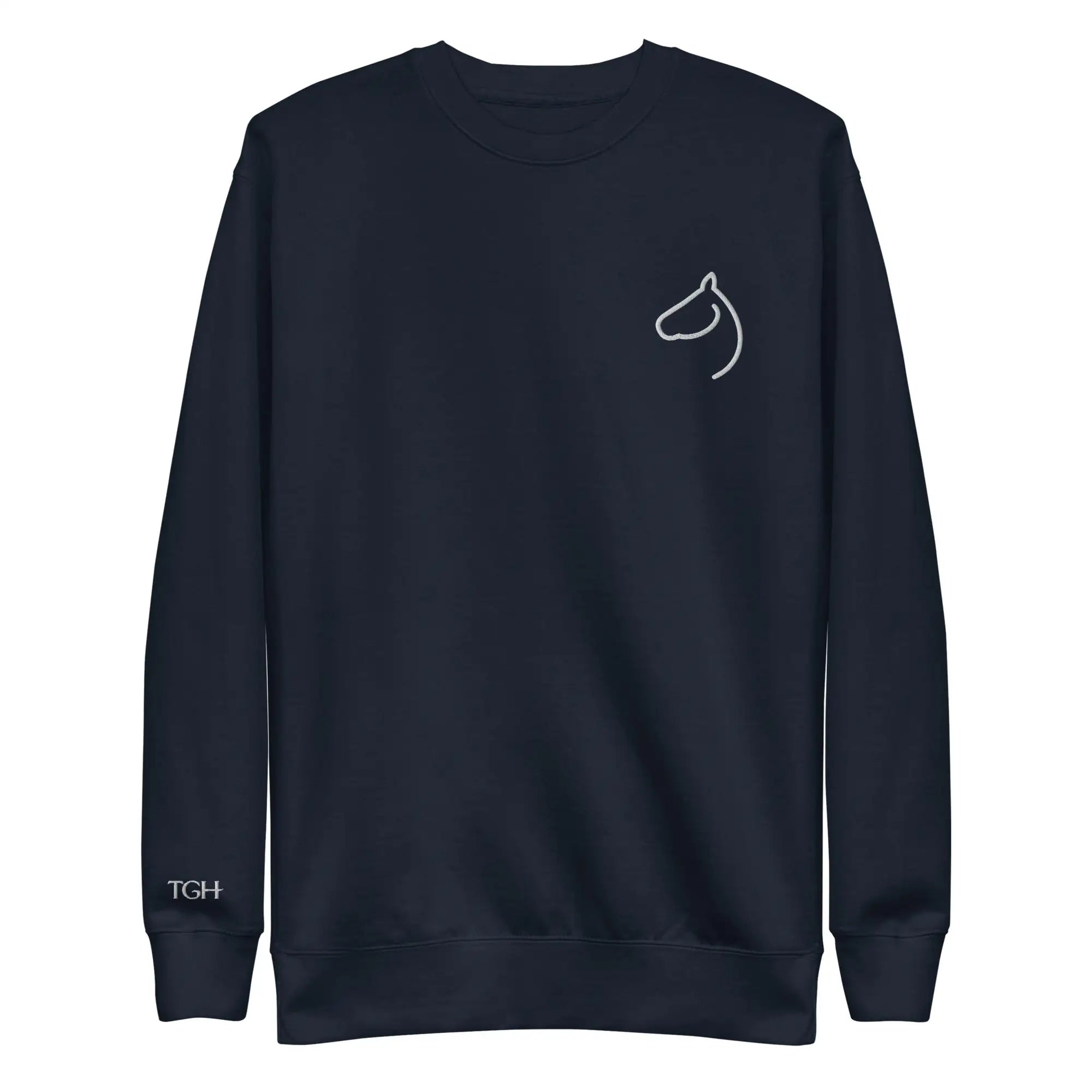 Navy crewneck sweatshirt with embroidered horse-head logo on the chest and TGH on the sleeve